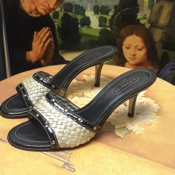 Coach Janna Black Natural Straw Weave Slides Gold Embellishments Kitten Heel 6.5 - Picture 3 of 7